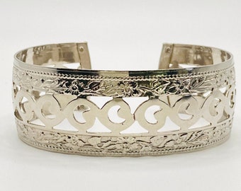 Etched Cuff Bracelet - Shiny Silver Bracelet - Floral Cuff Bracelet