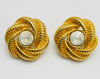 Textured Knot earrings - Gold Tone Round Earrings - Crystal Knot Earrings