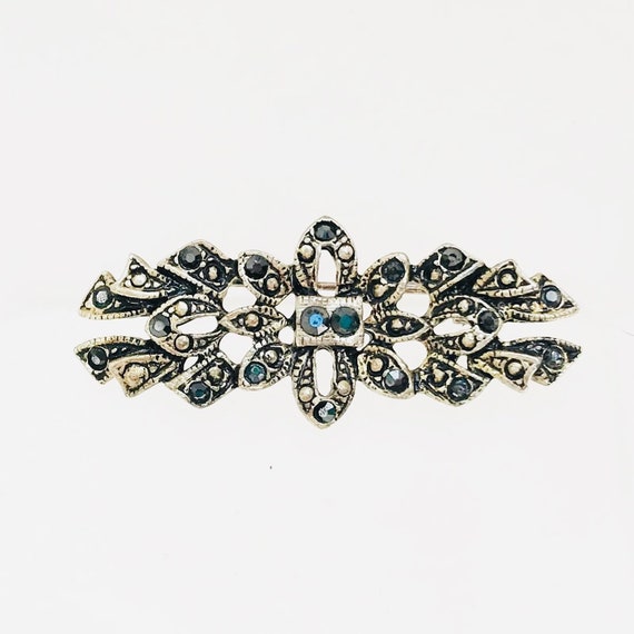 Marcasite Style Brooch - black rhinestone pin - v… - image 3