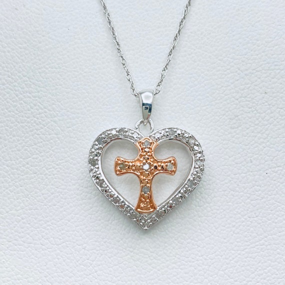 925 Sterling Silver Heart and Cross Pendant - dia… - image 1