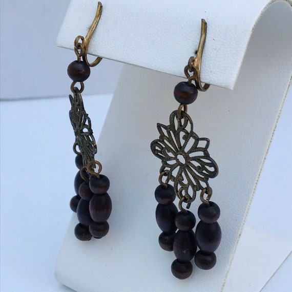 Wooden bead Earrings - bronze tone earrings - met… - image 3
