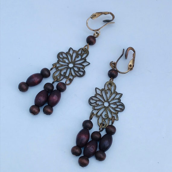 Wooden bead Earrings - bronze tone earrings - met… - image 7