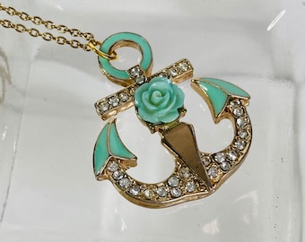 Vintage Rhinestone Anchor Necklace – Green Enamel Floral Pendant
