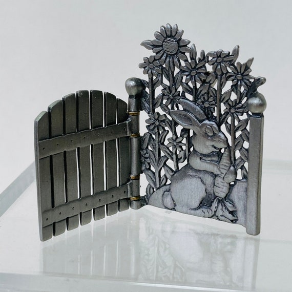 Pewter Garden Gate Brooch - pewter easter pin - pewter rabbit pin
