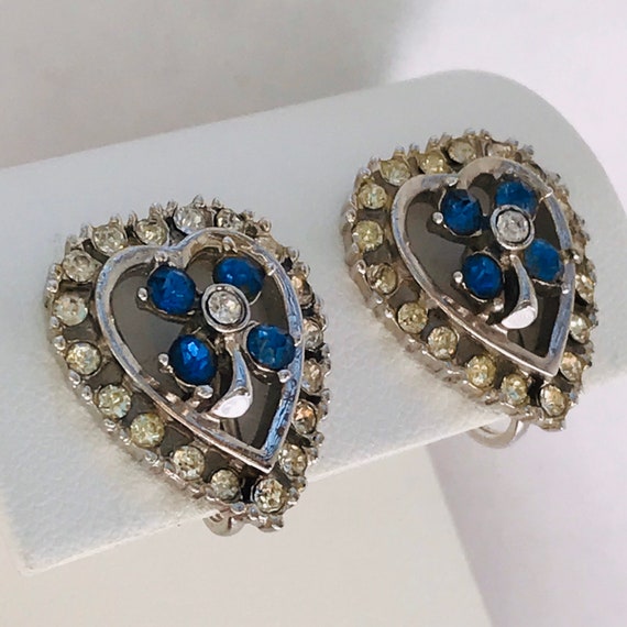 Blue Rhinestone Flower Earrings - Rhinestone Screw