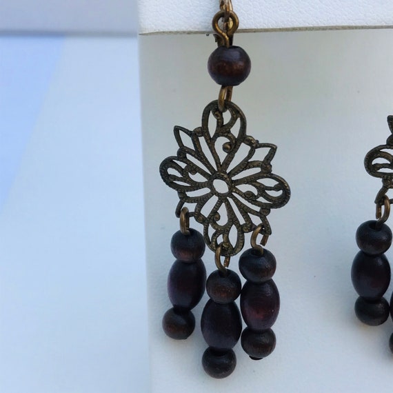 Wooden bead Earrings - bronze tone earrings - met… - image 4