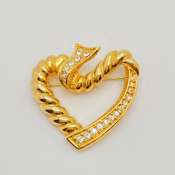 Golden Rhinestone Heart Brooch - image 1