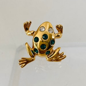 1995 AVON Garden Friends Frog Pin - green and clear rhinestone from lapel pin