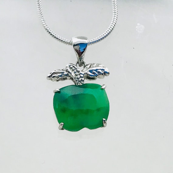18K White Gold Plated Apple Pendant - Small Green Jade Apple