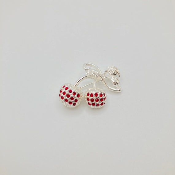 Red Rhinestone Cherry Brooch - image 3