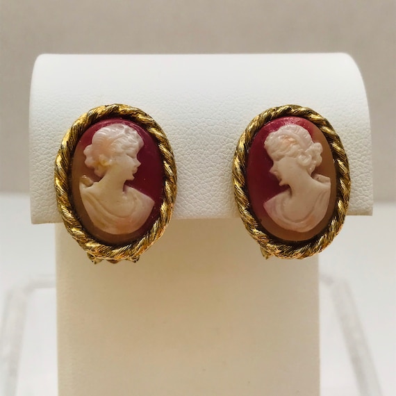 Pink Cameo Earrings - Oval Cameo Earrings - Gold C