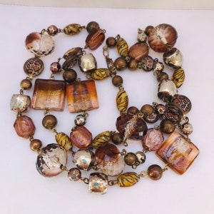 Lampwork Necklace - Brown Glass Necklace - Shades of Brown and Beige - 40 inch crystal Necklace