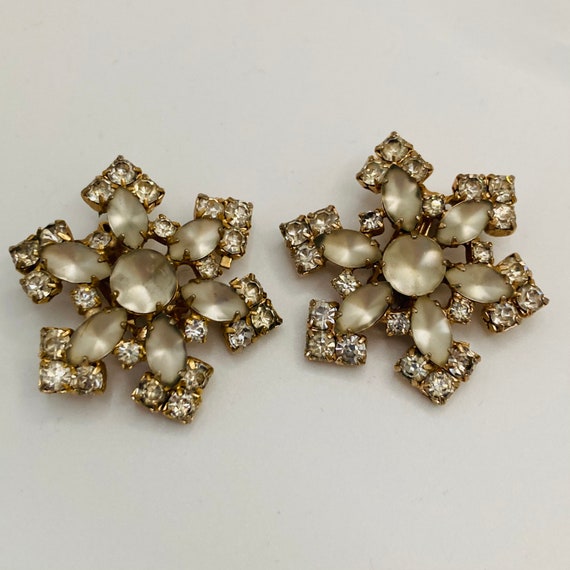 Frosted Glass Snowflake Earrings - Rhinestone Sno… - image 1