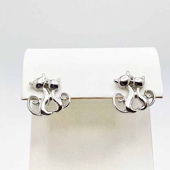 Silver Tone Cat Stud Earrings - image 3