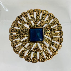 Victorian Inspired Round Filigree Brooch - blue and golden pin