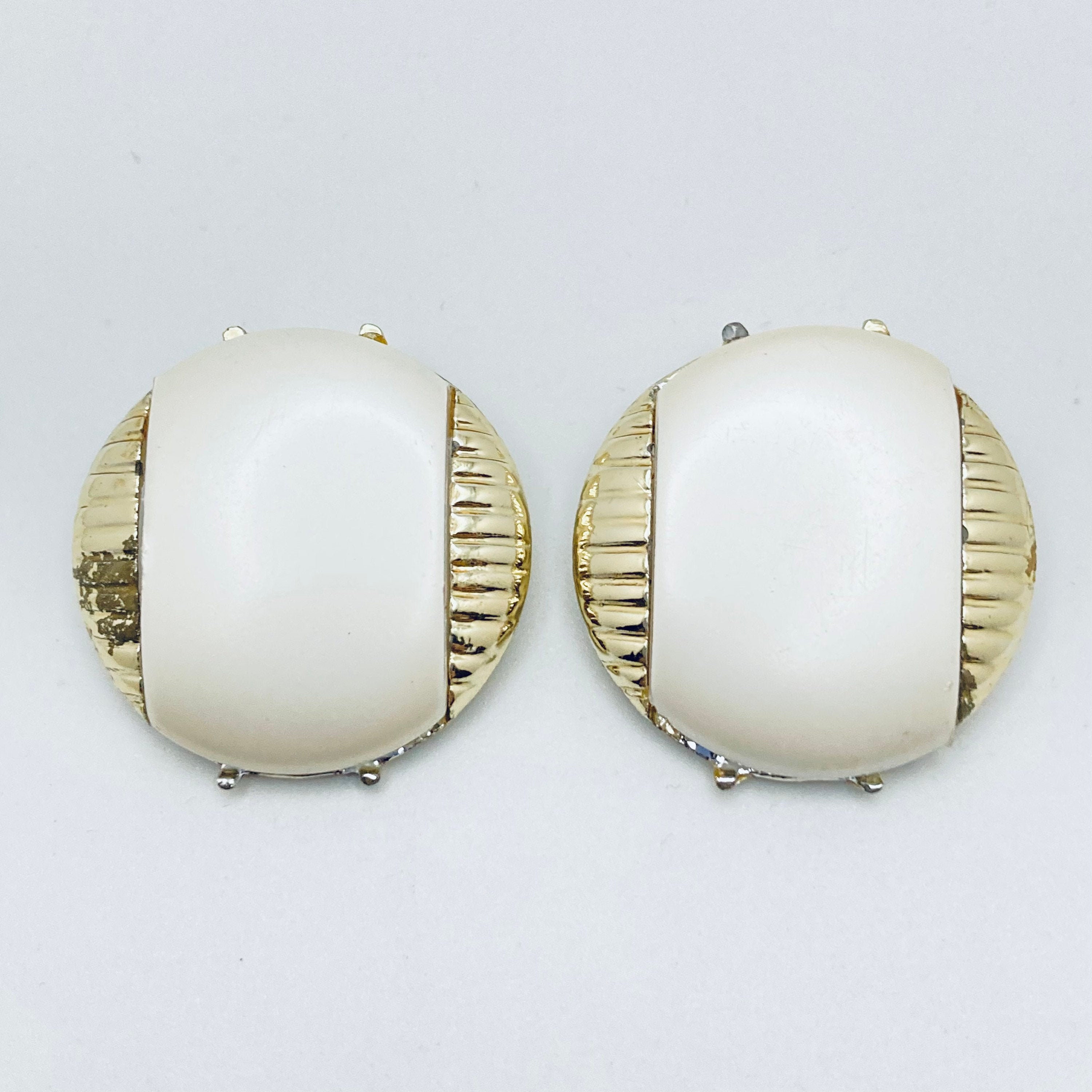 White and Gold Tone Earrings Plastic Round Earrings Etsy UK