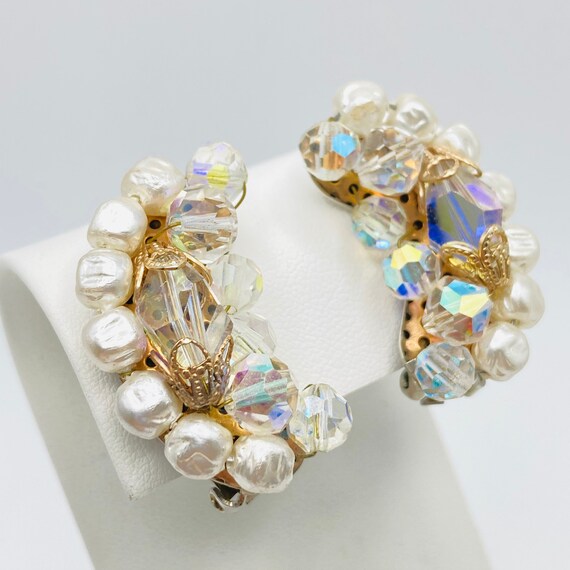 Aurora Borealis and Pearl Crescent Earrings - Vin… - image 3