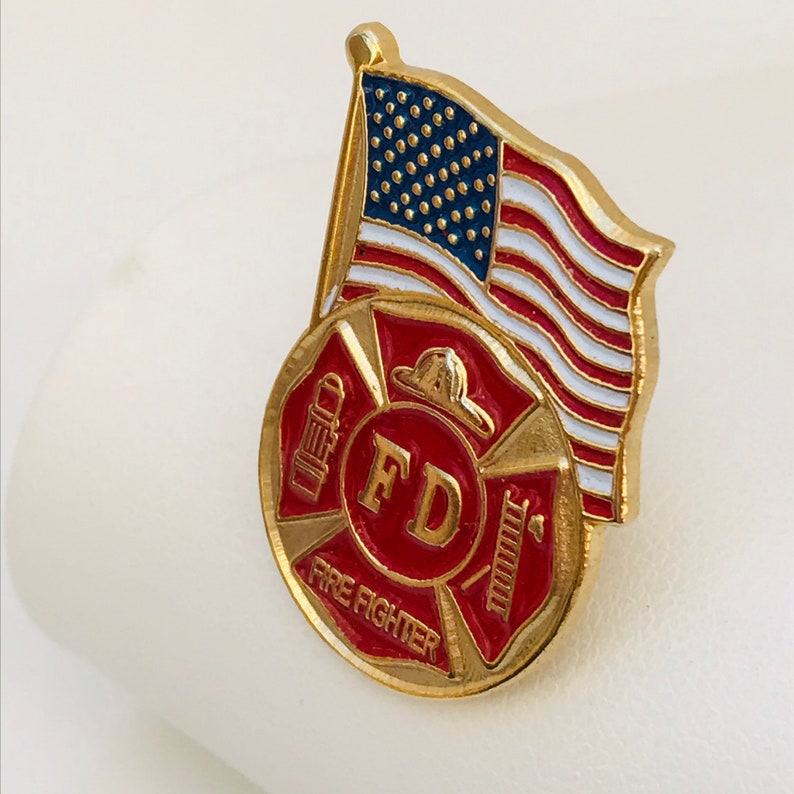 American Flag gold tone Fire Department red white and blue enamel Firefighter Lapel Pin Tie Tack