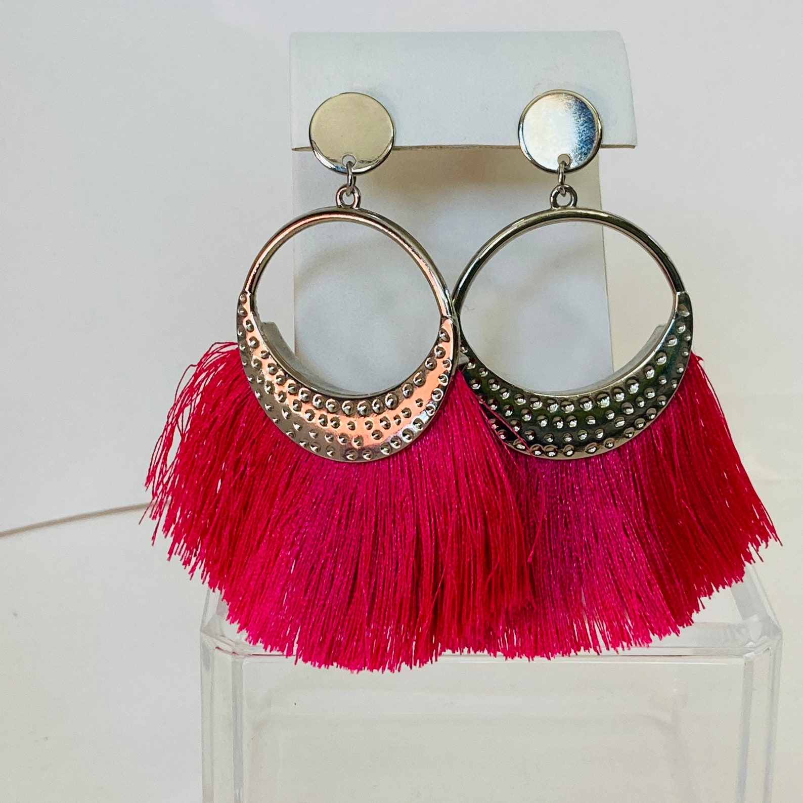 Hot Pink Fringe Earrings Textured Metal Earrings Hot Pink Etsy