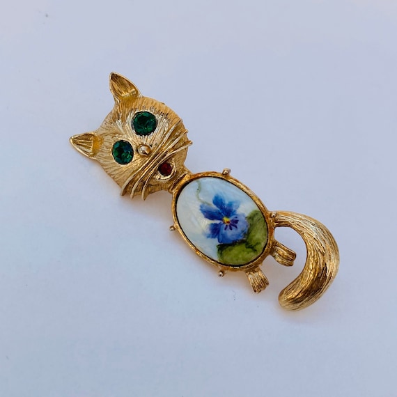 Porcelain Cat Brooch - golden cat pin - vintage ca