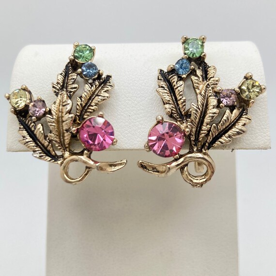 1950s KARU ARKE Multicolor Rhinestone Leaf Earrings Gem