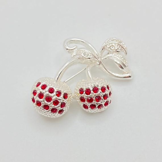 Red Rhinestone Cherry Brooch - image 2