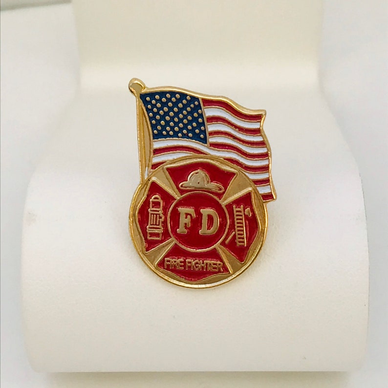 American Flag gold tone Fire Department red white and blue enamel Firefighter Lapel Pin Tie Tack