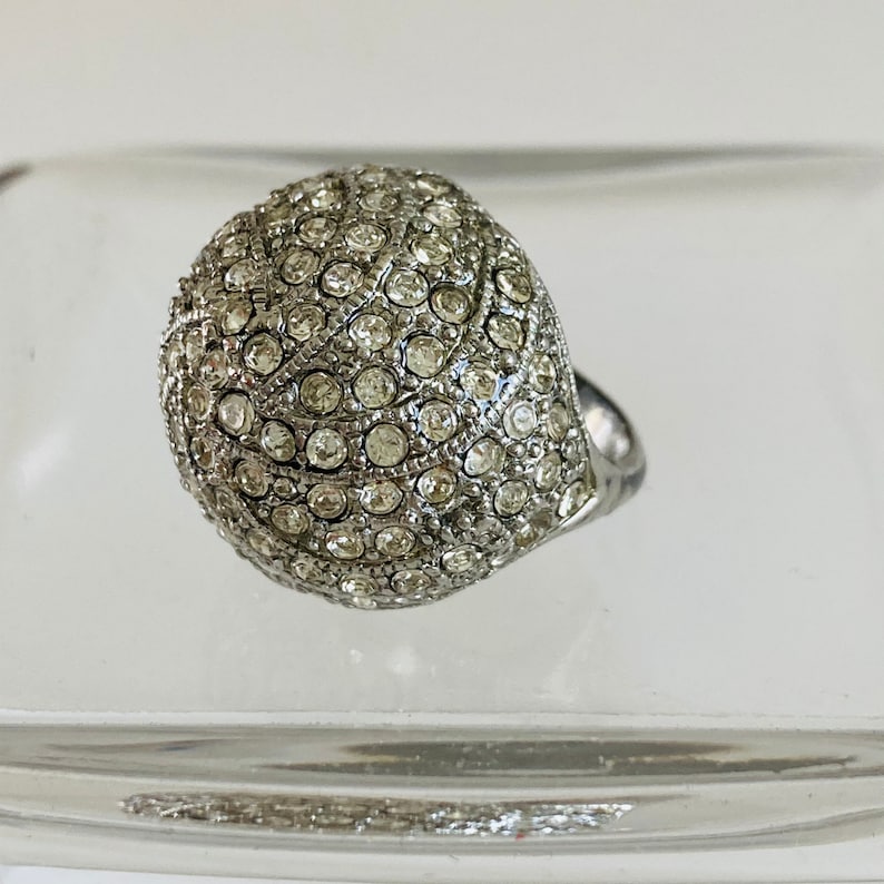 silver tone ring cocktail ring Size 7 Rhinestone Dome Ring vintage ring silver rhinestone ring large statement ring bling ring