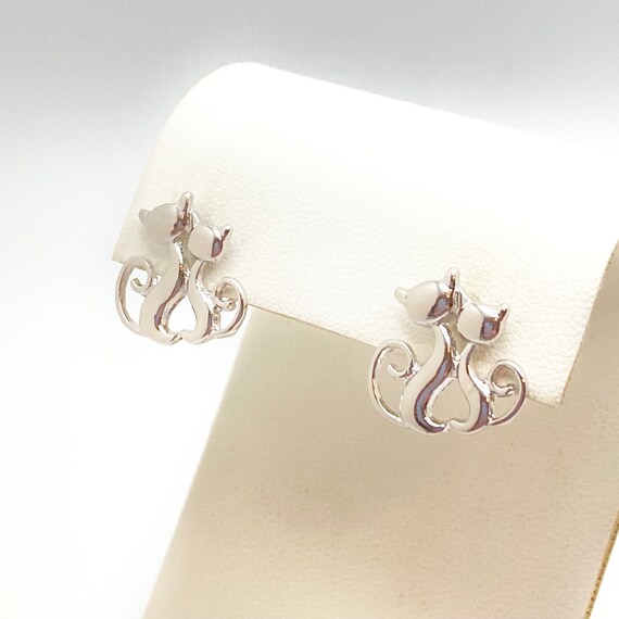 Silver Tone Cat Stud Earrings - image 2