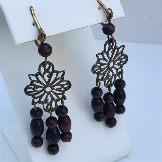 Wooden bead Earrings - bronze tone earrings - met… - image 1