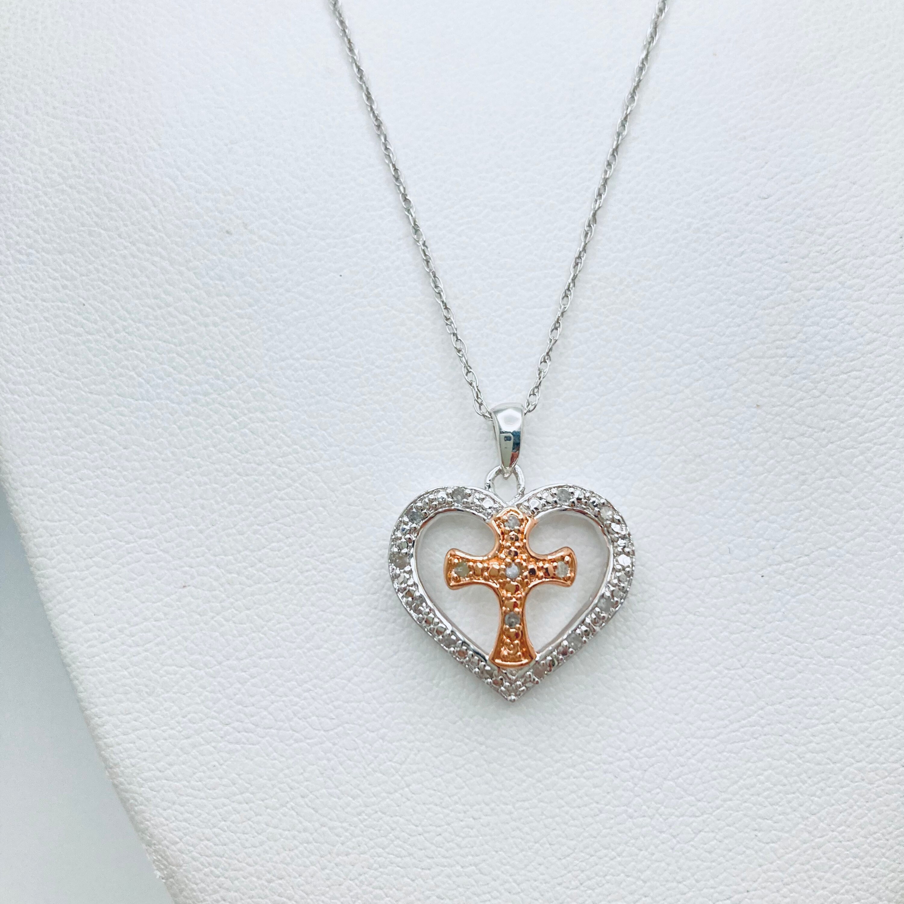 925 Sterling Silver Heart and Cross Pendant Diamond Accent | Etsy