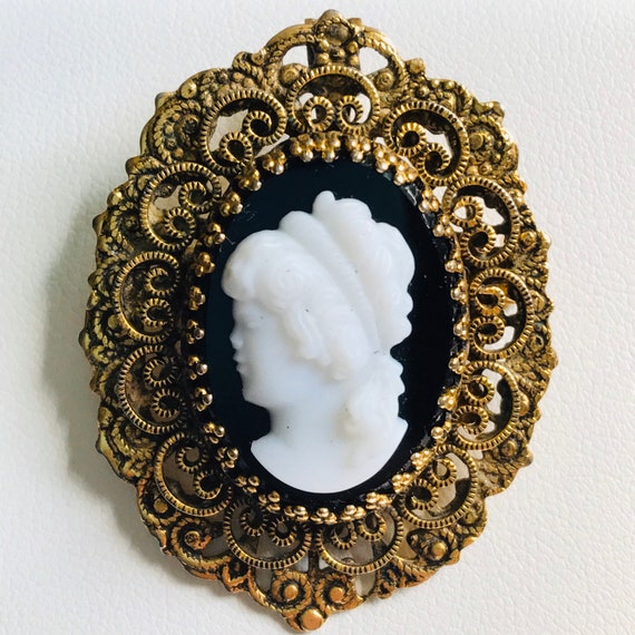 Black White Cameo Brooch - filigree cameo pin - image 1