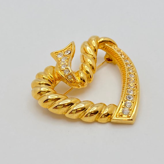 Golden Rhinestone Heart Brooch - image 4