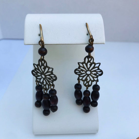 Wooden bead Earrings - bronze tone earrings - met… - image 2
