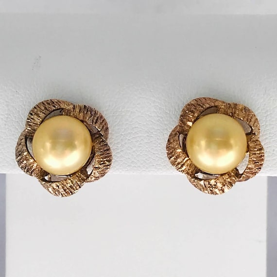 Pearly Clip On Earrings - Vintage Floral Motif Ea… - image 1