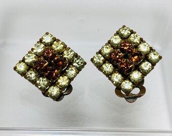 Vintage Square Rhinestone Clip On Earrings - Brown and Yellow