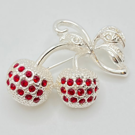 Red Rhinestone Cherry Brooch - image 1