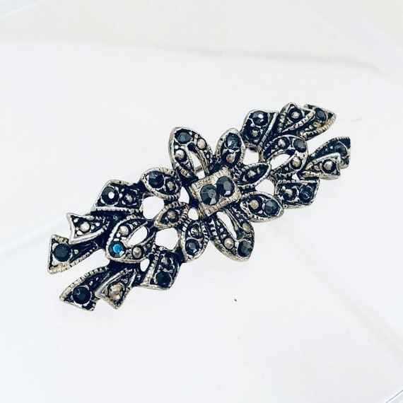 Marcasite Style Brooch - black rhinestone pin - v… - image 1