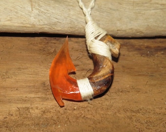Hawaiian Mango Wood and Resin Handcrafted "Wood and Lava" Maori Fishhook Pendant | Makau | Matau | Hawaiian Fish Hook