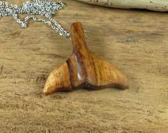 Hawaiian Koa Wood Humpback Whale Tail Pendant with Silver Colored Chain Necklace