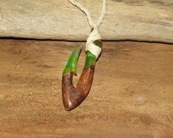 Hawaiian Mango Wood and Resin "Sea Glass" Handcrafted Maori Fishhook Necklace | Hawaiian Fish Hook | Makau | Matau