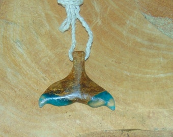 Hawaiian Mango Wood and Resin Humpback Whale Tail Pendant with Organic Hemp Necklace and Monkeypod Wood Bead
