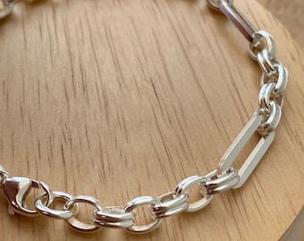 Pulsera de clip y belcher cuadrados de plata de ley 925 / cadena de eslabones cuadrados / pulsera hecha a mano / pulsera de cadena de caja / pulsera de plata