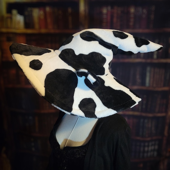 Black Fluffy Cow Print Witch Hat