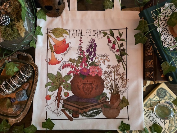 Fatal Flora Tote Bag feat. Original Illustration for botanical witches, goblins, and cottagecore cuties