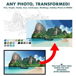 May include: A digital painting of a tropical landscape with a boat in the water. The image is a before and after example of a photo being transformed into a paint-by-number design. The text "YOU CAN SEND YOUR PHOTO VIA ETSY MESSAGES AFTER ORDERING!" is at the bottom of the image.