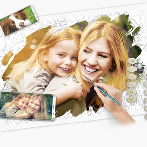 May include: A paint-by-numbers kit featuring a portrait of a woman and a child, with a smartphone displaying the same image. A second smartphone shows a dog. Paint colors and a paintbrush are also visible.