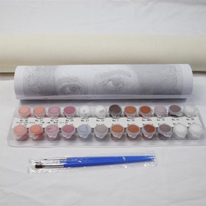May include: A paint-by-numbers kit with a rolled canvas, a printed guide, and a tray of numbered paint pots in various colors. Includes a set of blue-handled paint brushes. The kit is designed for creating a painting.