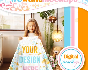 Kids Blanket Mockup For Canva, Featuring Little Girl Holding Velveteen Blanket