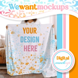 Velveteen White Blanket Mockup For Photoshop, PSD Mock up of Woman Holding A White Blanket in Boho Style Indoor Setting